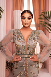 Enchanting Mermaid V-Neck Long Tulle Sleeves Embroidery Sweep Train Satin Evening Dresses With Slit